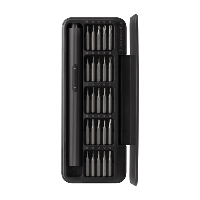 Black screwdriver set with multiple bits in a clear case on a white background