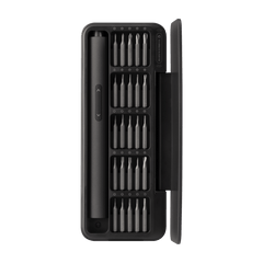 Black screwdriver set with multiple bits in a clear case on a white background