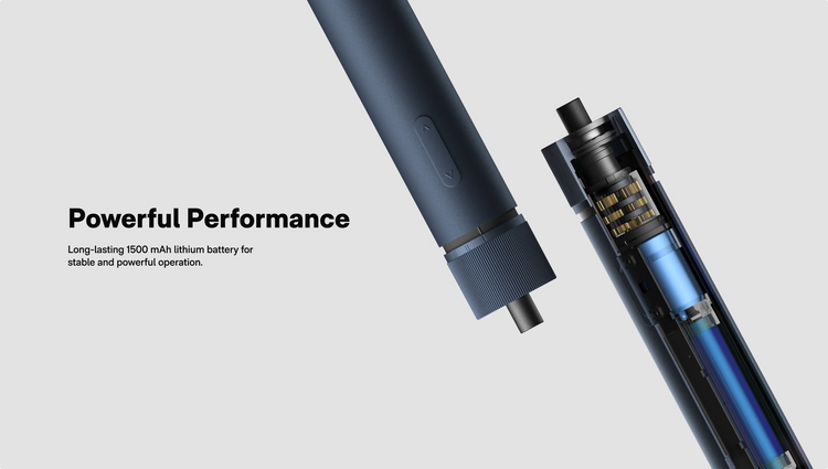 Vape device with detachable battery on a light gray background