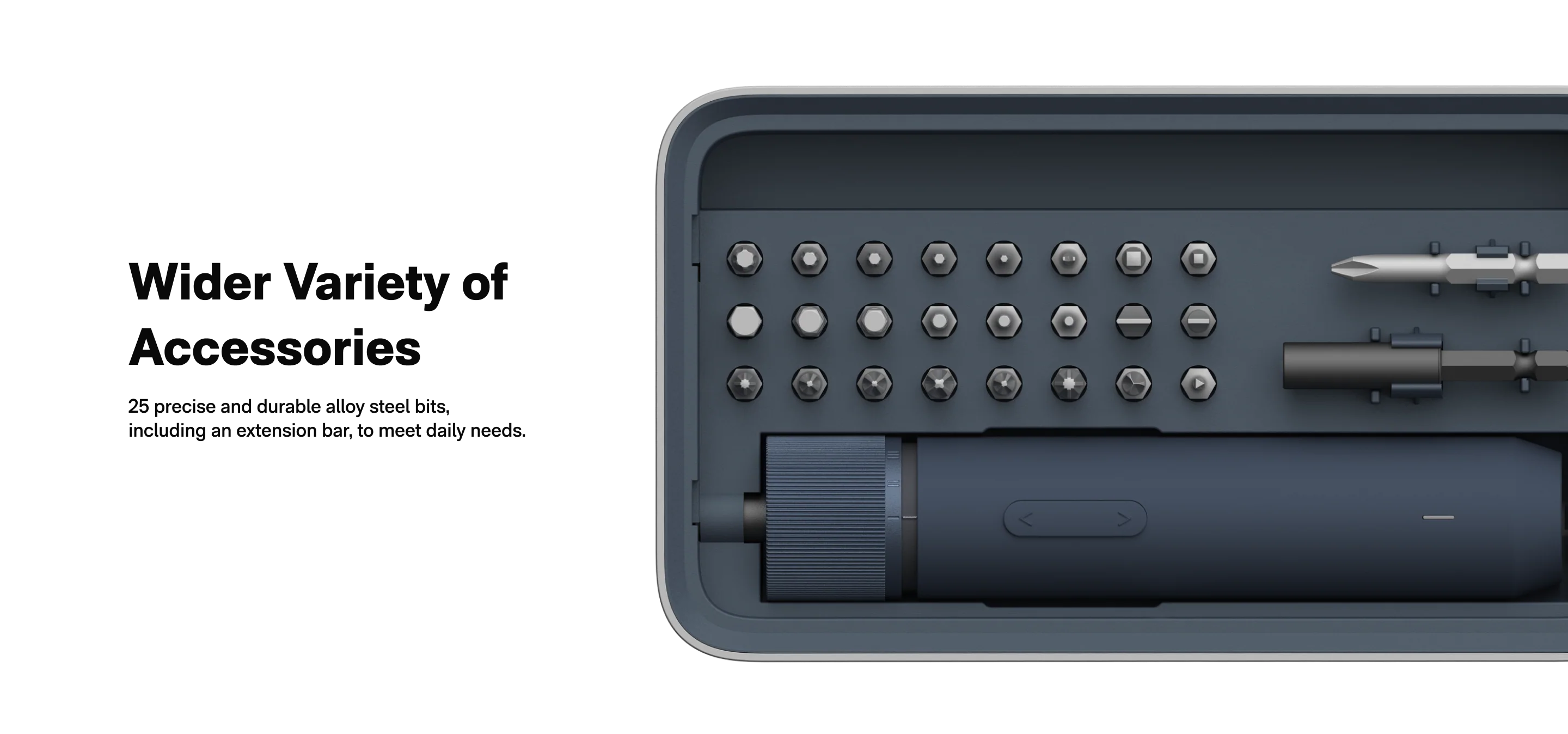 Tool kit with various bits and tools on a white background