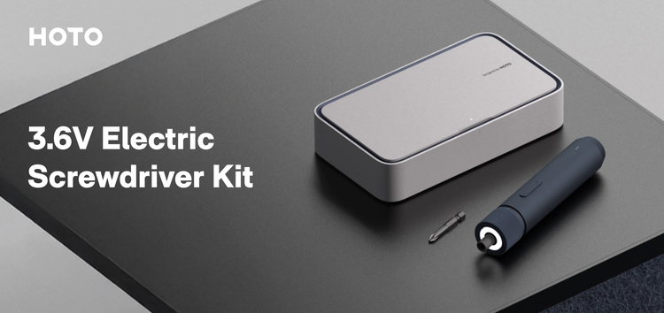3.6V Electric Screwdriver Kit with screw on a gray surface, featuring the brand 'HOTO'.