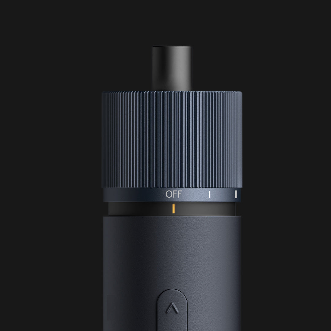 Dark blue electronic device with 'OFF' and 'ON' indicators on a black background