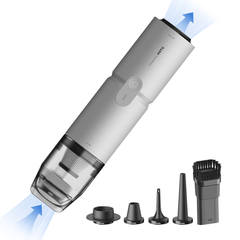 Handheld vacuum cleaner with attachments on a white background