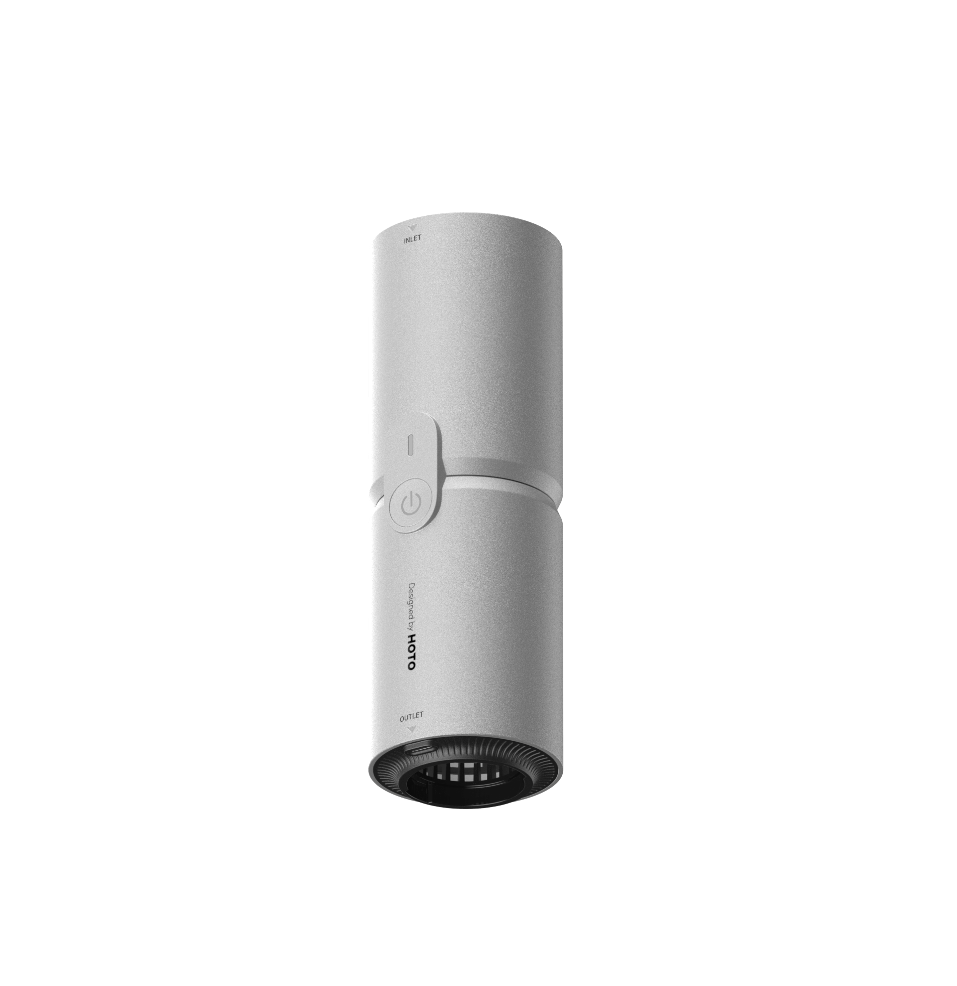 White cylindrical device with a power button on a black background
