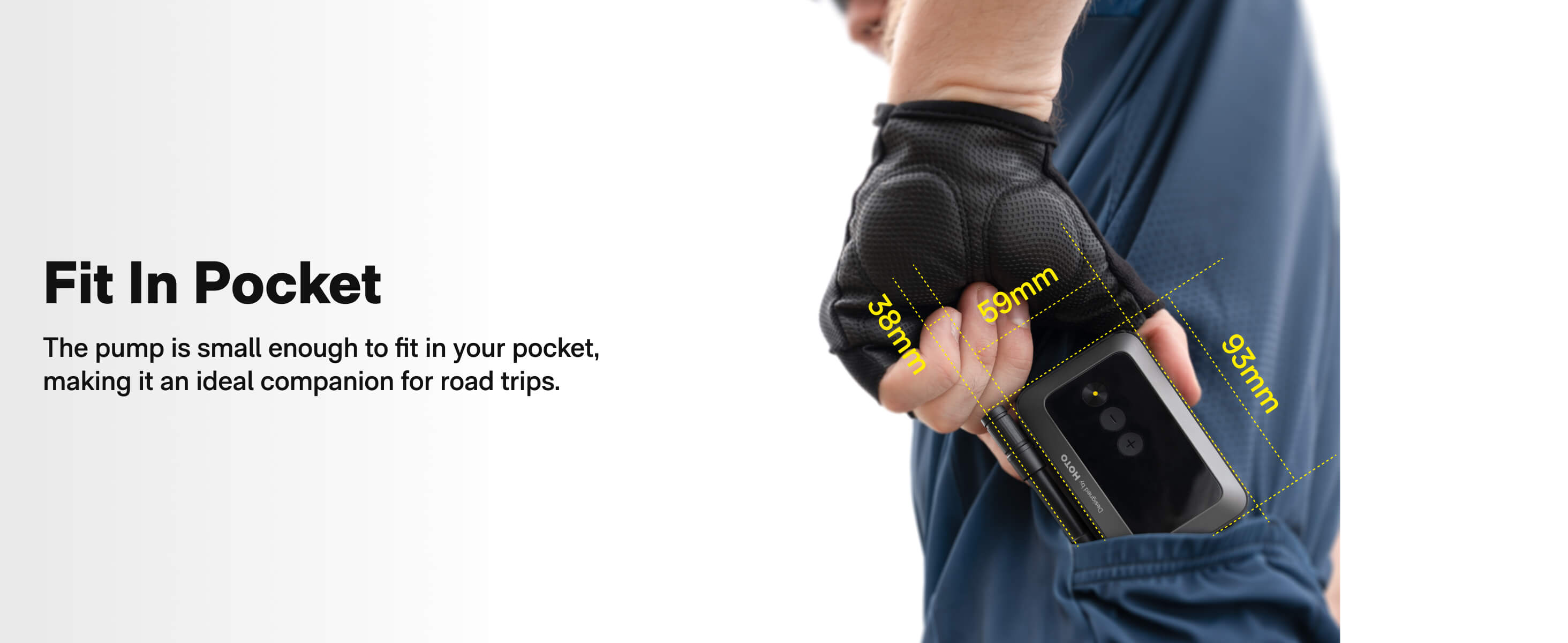 Small pump fitting into a pocket with text highlighting its portability.