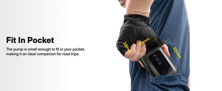 Small pump fitting into a pocket with text highlighting its portability.
