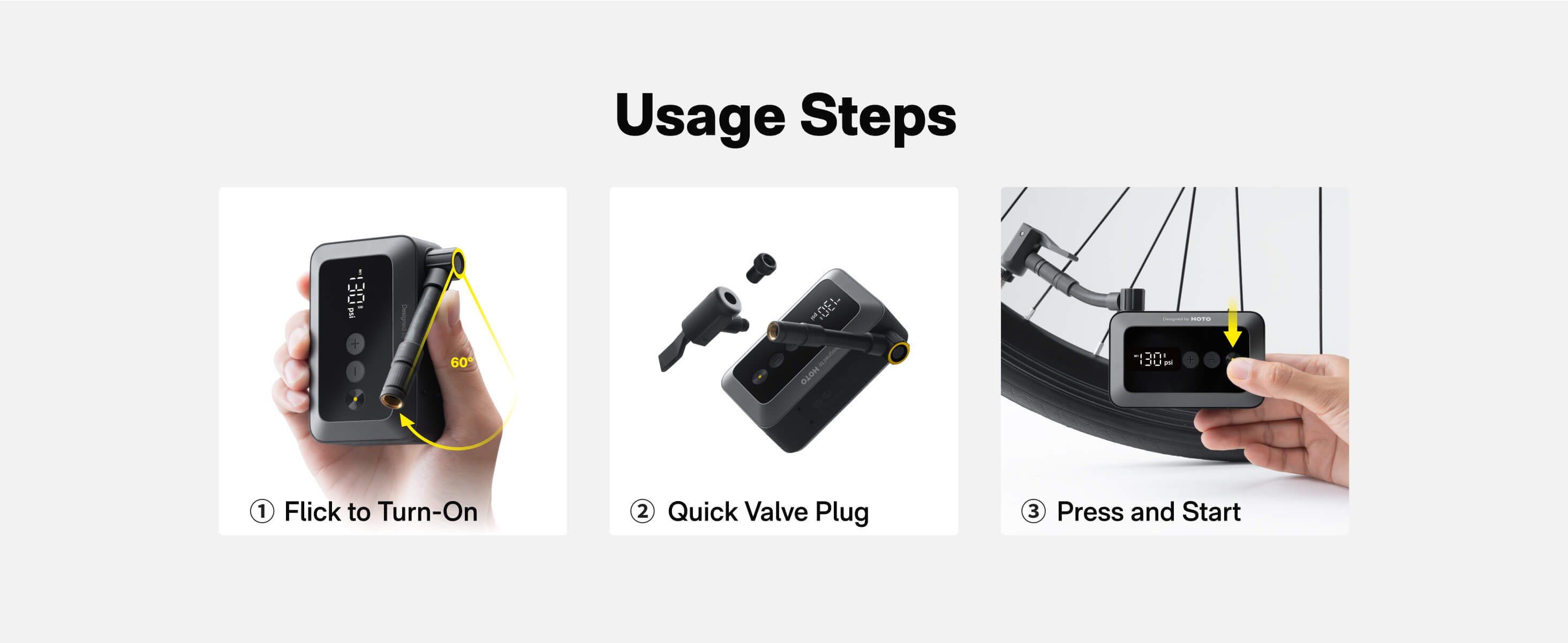 Step-by-step guide on using a device with images and text labels.