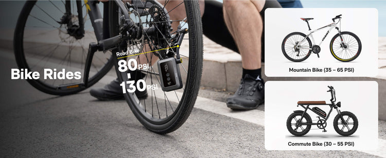 Person riding a bike with PSI information displayed, alongside images of different bikes.