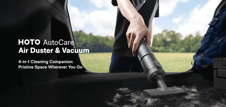Person using a HOTO AutoCare Air Duster & Vacuum to clean car interior with text overlay.
