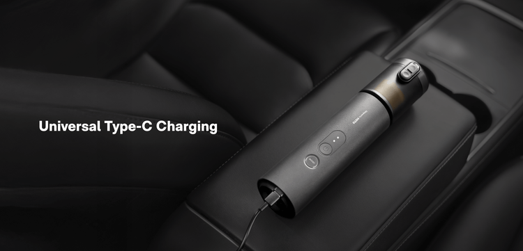 Portable device with USB cable on a dark background, highlighting 'Universal Type-C Charging'.