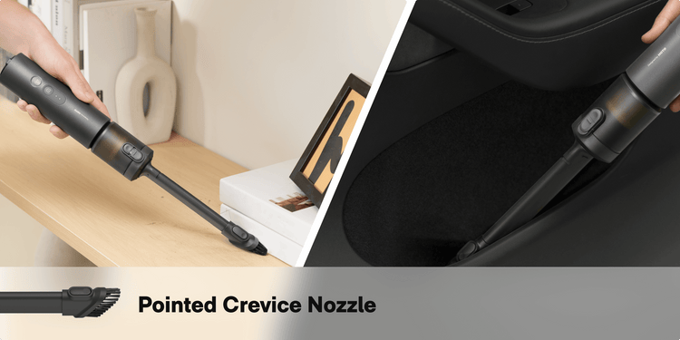Vacuum cleaner with pointed crevice nozzle being used on a shelf and car seat.