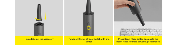 Instructions for using a handheld device with a power switch and accessory installation.