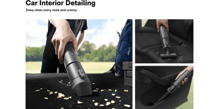 Person using a car vacuum cleaner to clean the interior of a vehicle.