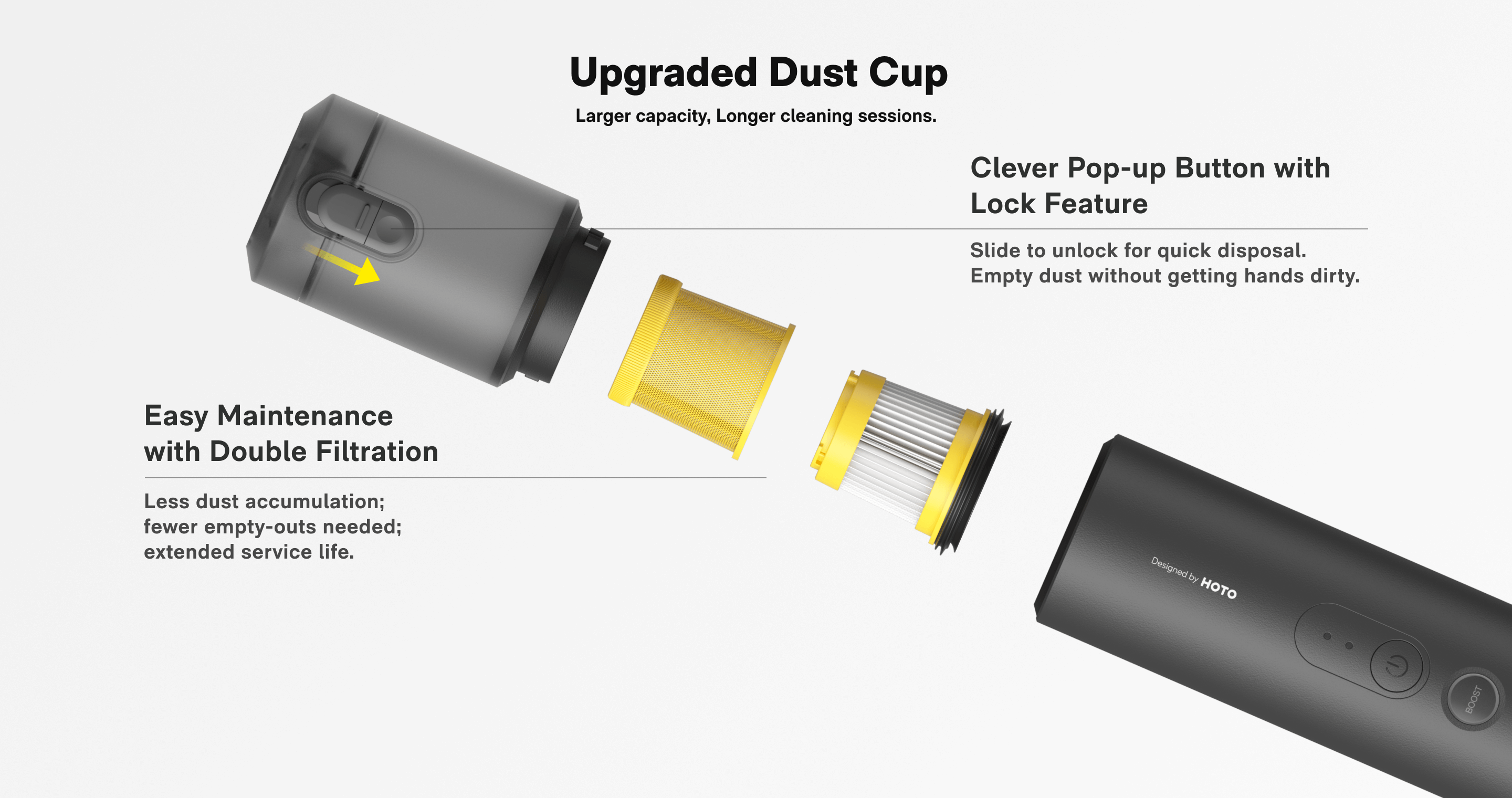 Upgraded dust cup with features highlighted on a white background