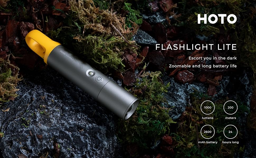 HOTO Flashlight Lite on a natural background with product details.