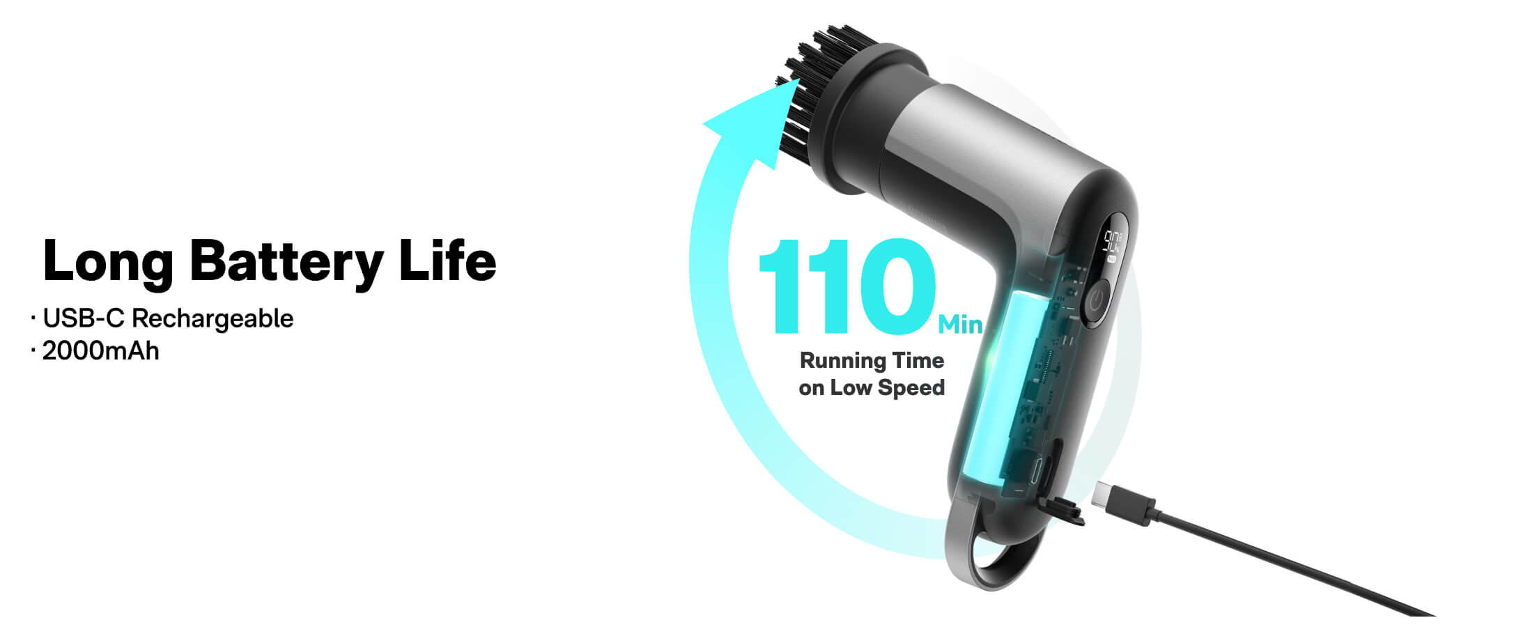 Rechargeable handheld device with USB-C connection and battery life indicator on a white background