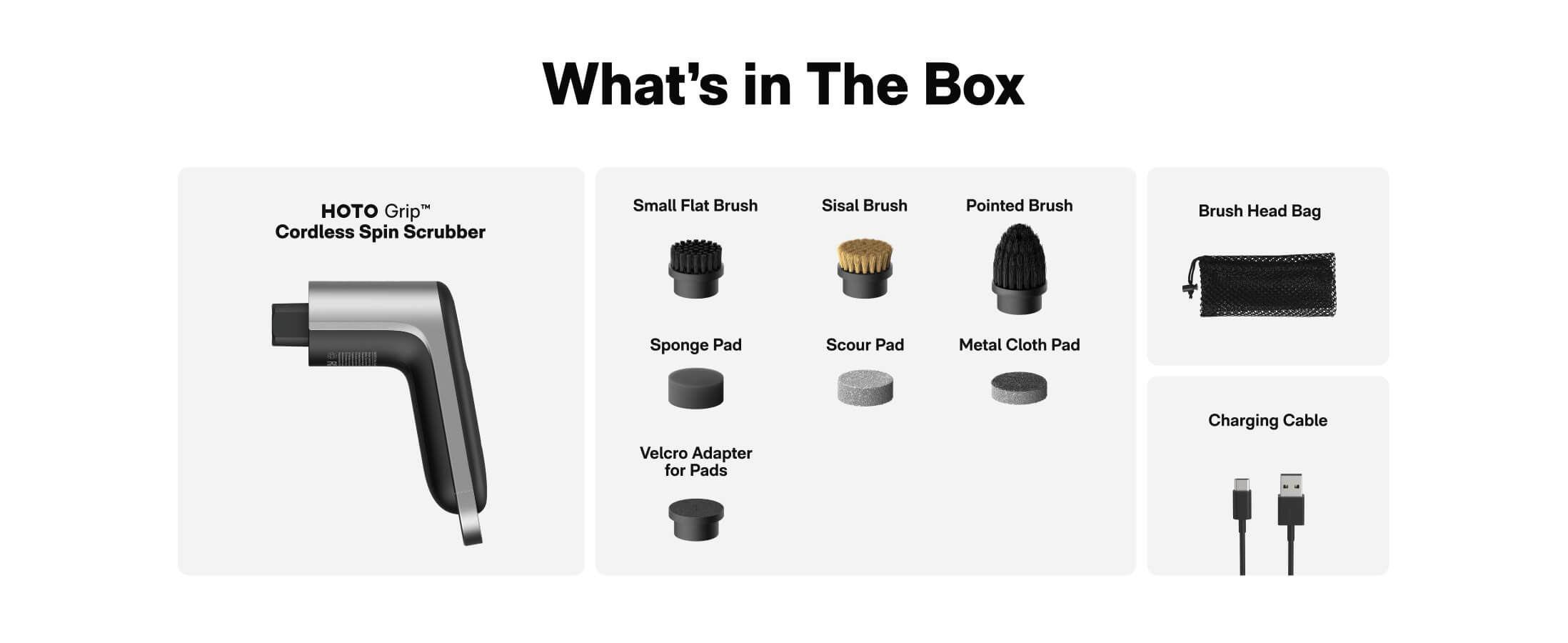 List of items included in a box with a HOTTO scrubber and accessories.