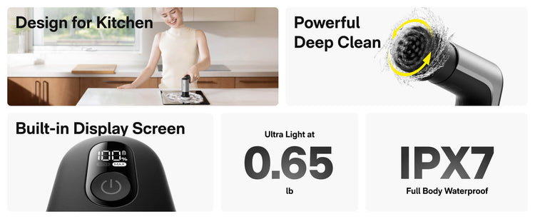 Product features for a kitchen cleaning device including design, power, weight, and waterproof rating.