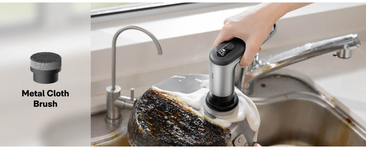 Metal cloth brush cleaning a sink with a close-up of the brush on the left.