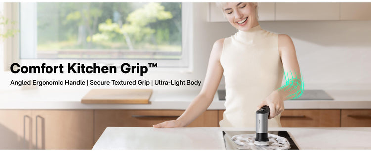 Woman using a kitchen appliance with 'Comfort Kitchen Grip' text on a blurred kitchen background