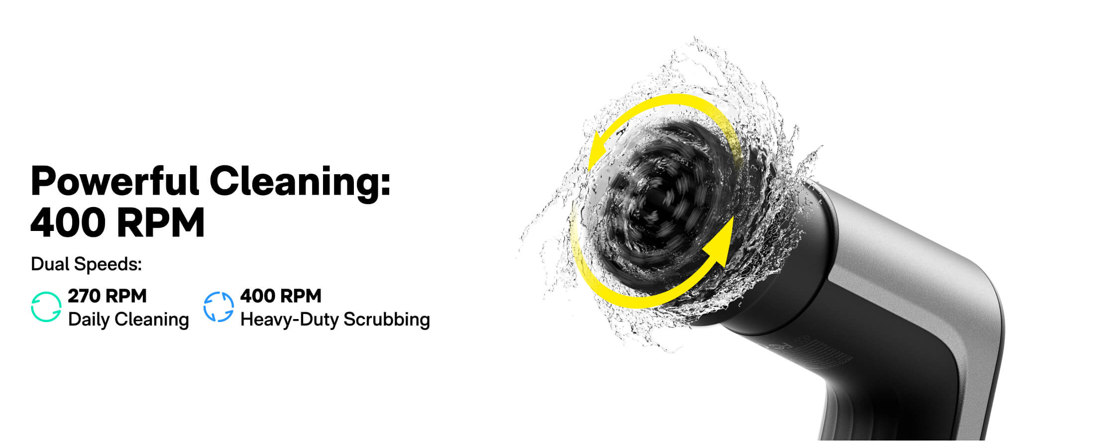 Cleaning tool with water splashes and text about cleaning power and RPMs on a white background