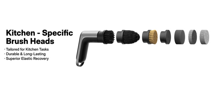 Set of kitchen-specific brush heads on a white background with text about their features.
