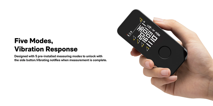 Hand holding a black electronic device with measurement display on a white background