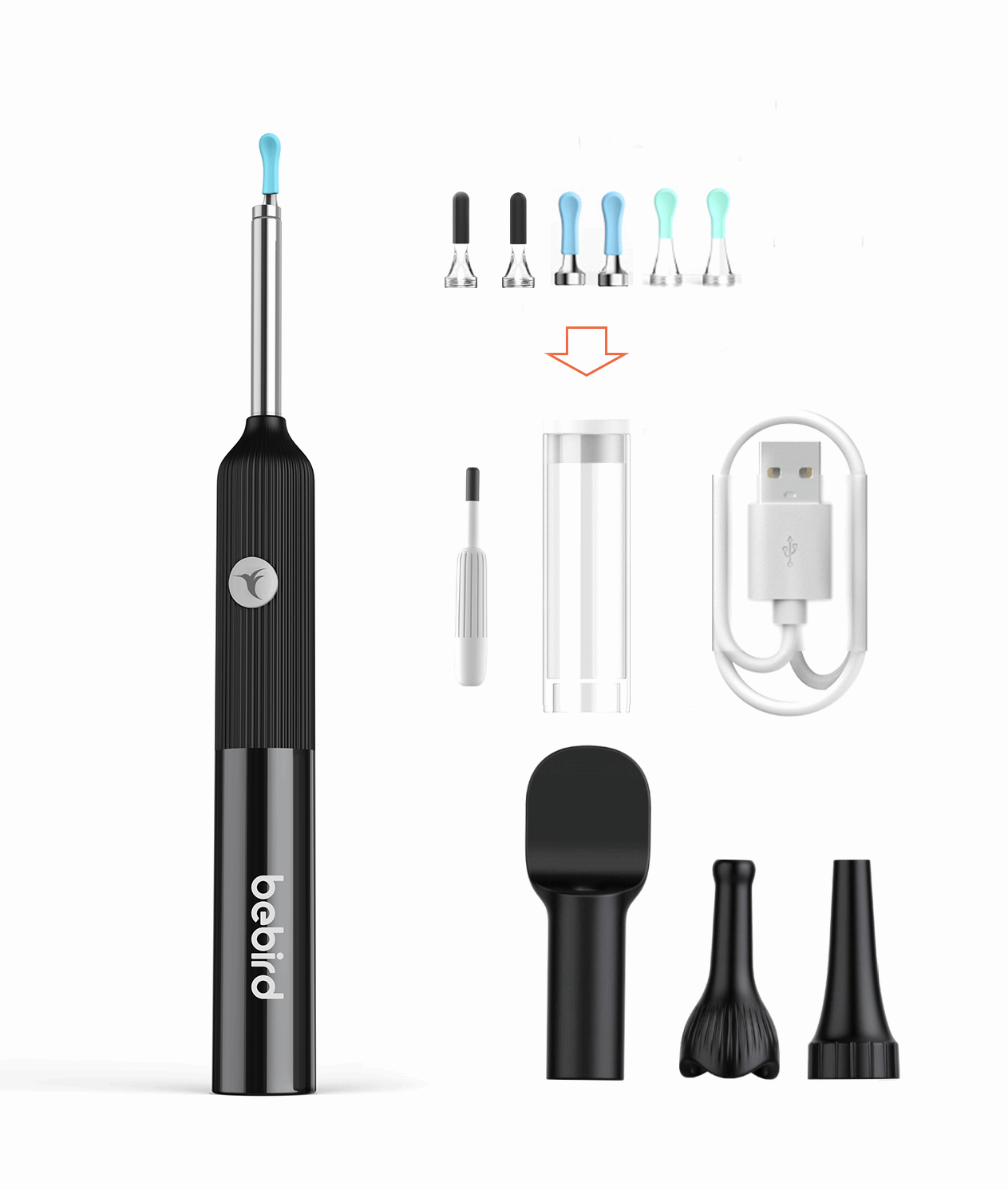 Black handheld ear cleaning tool with various attachments and a USB cable on a white background