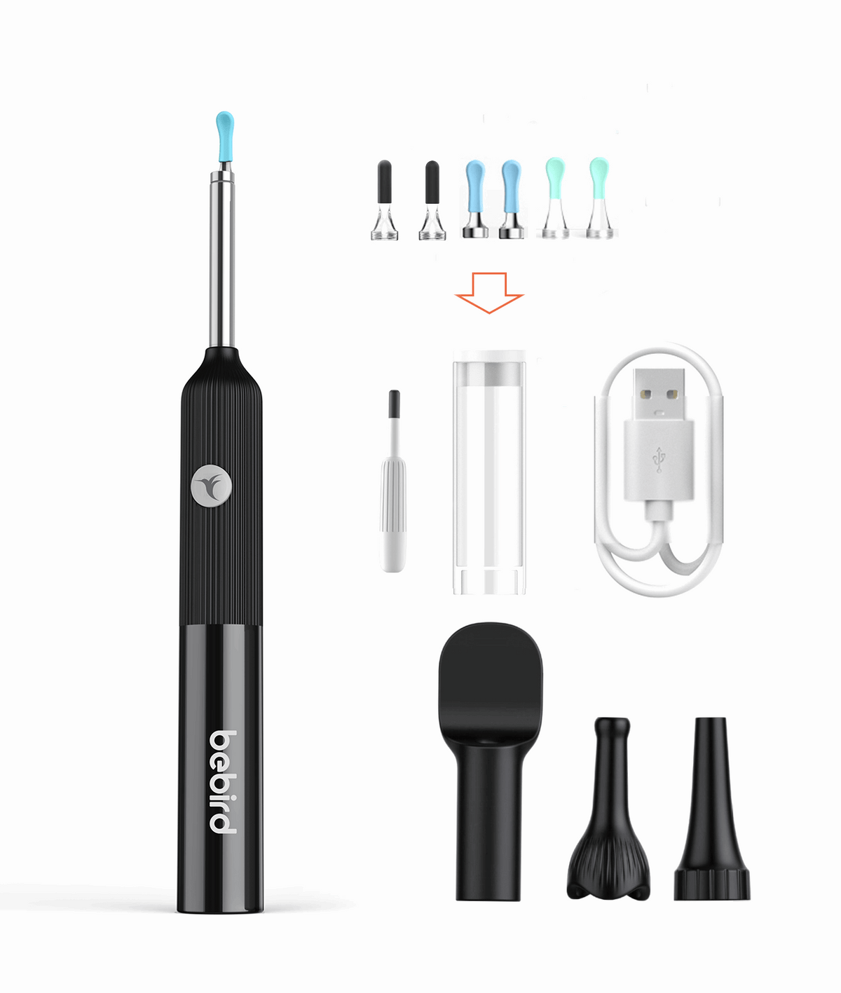 Black handheld ear cleaning tool with various attachments and a USB cable on a white background