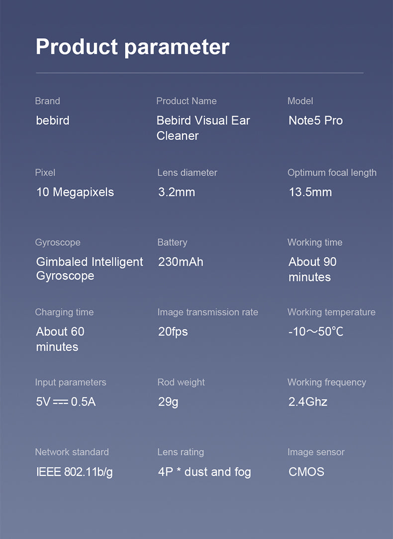 Technical specifications of a bebird visual ear cleaner on a blue background