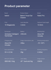 Technical specifications of a bebird visual ear cleaner on a blue background