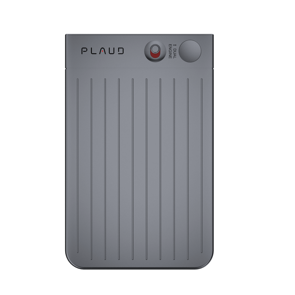 Black AI note recorder device with 'PLAUD' branding on a white background