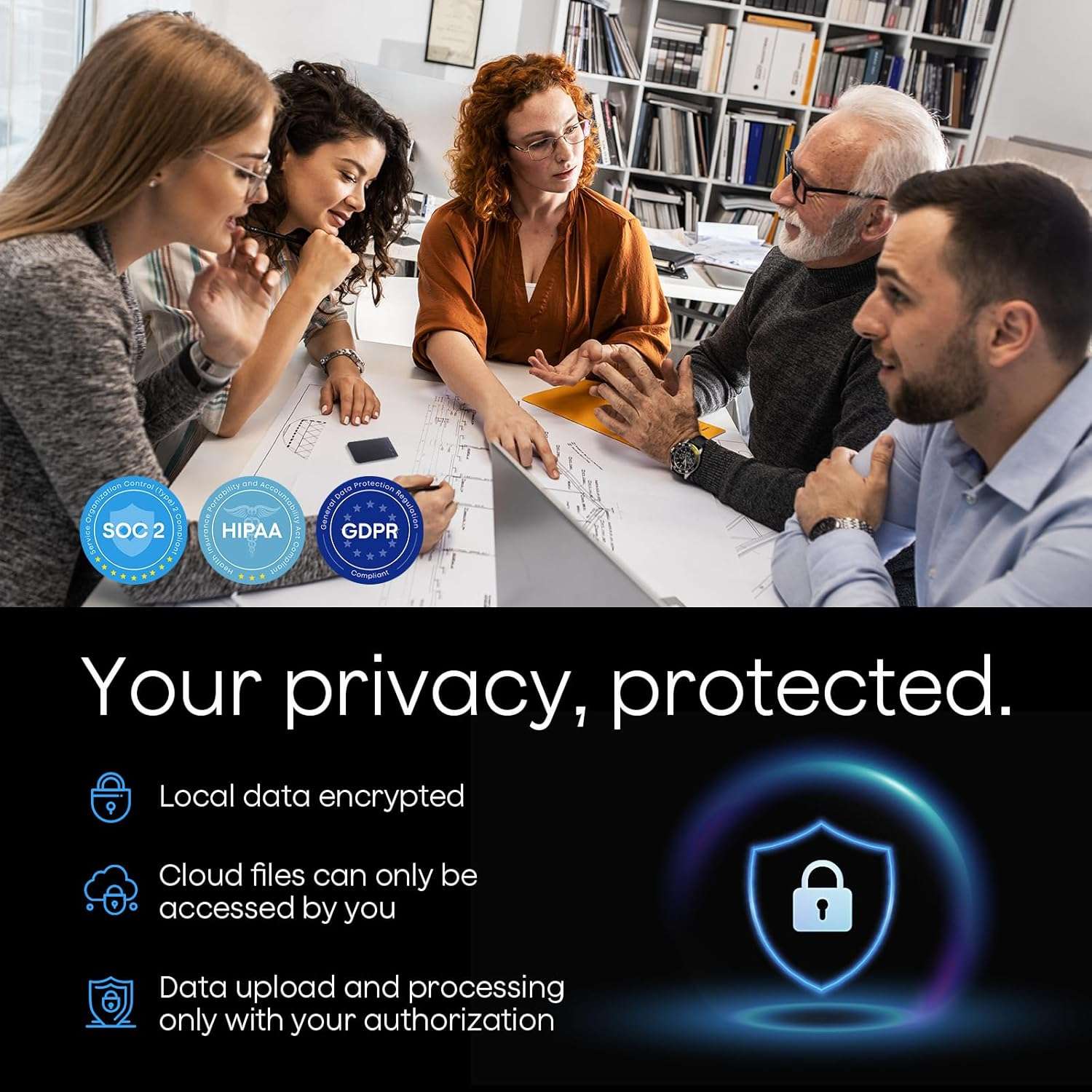 Group of people in a meeting with Plaud privacy protection features displayed.