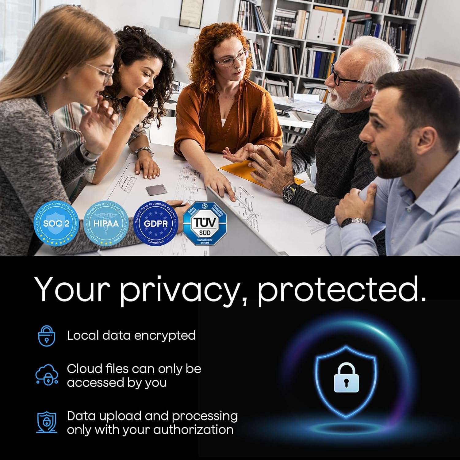 Group of people discussing in a meeting with Plaud privacy protection features displayed.