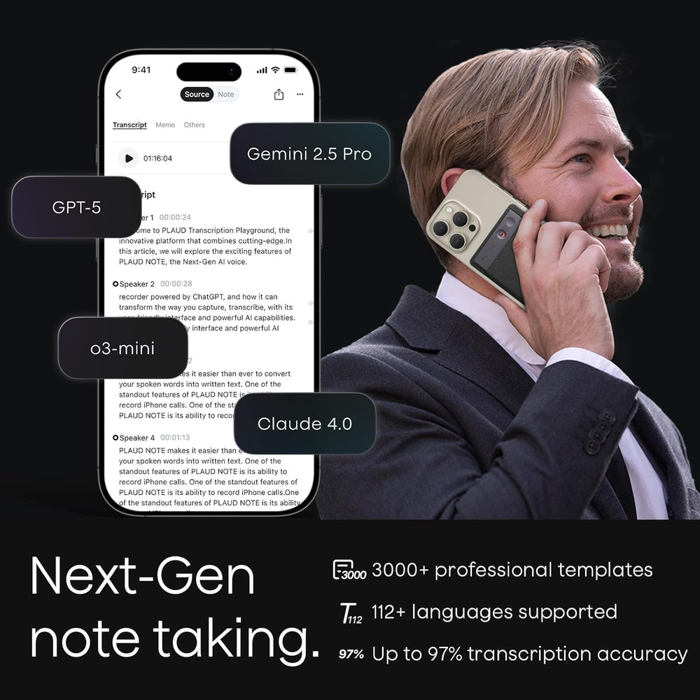 Person using a smartphone with text on the screen and promotional text about Plaud next-gen note-taking software.