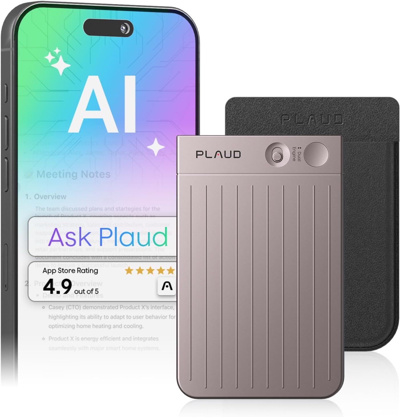 Smartphone with Plaud app interface and Plaud device on a white background