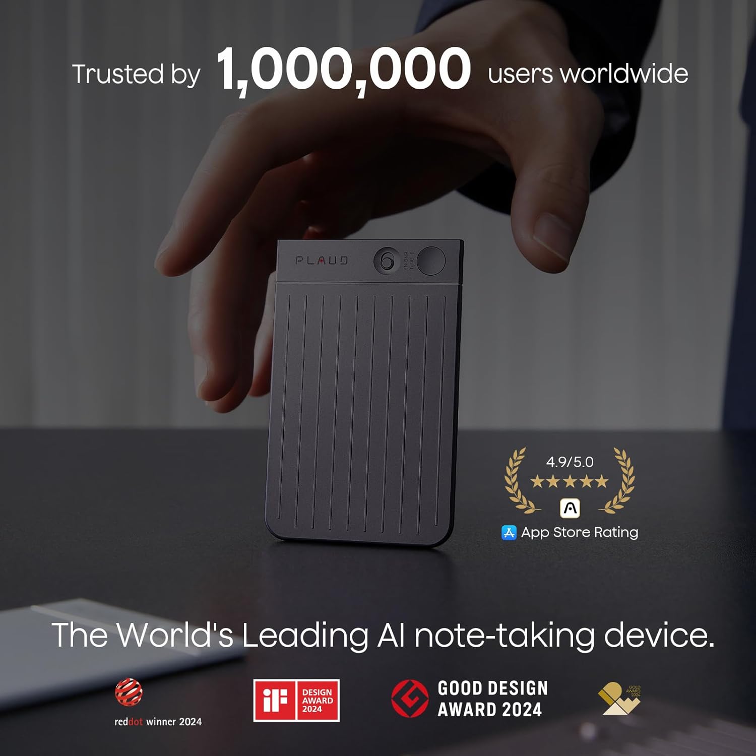Hand holding a small Plaud AI note-taking device with certification logos on a dark surface