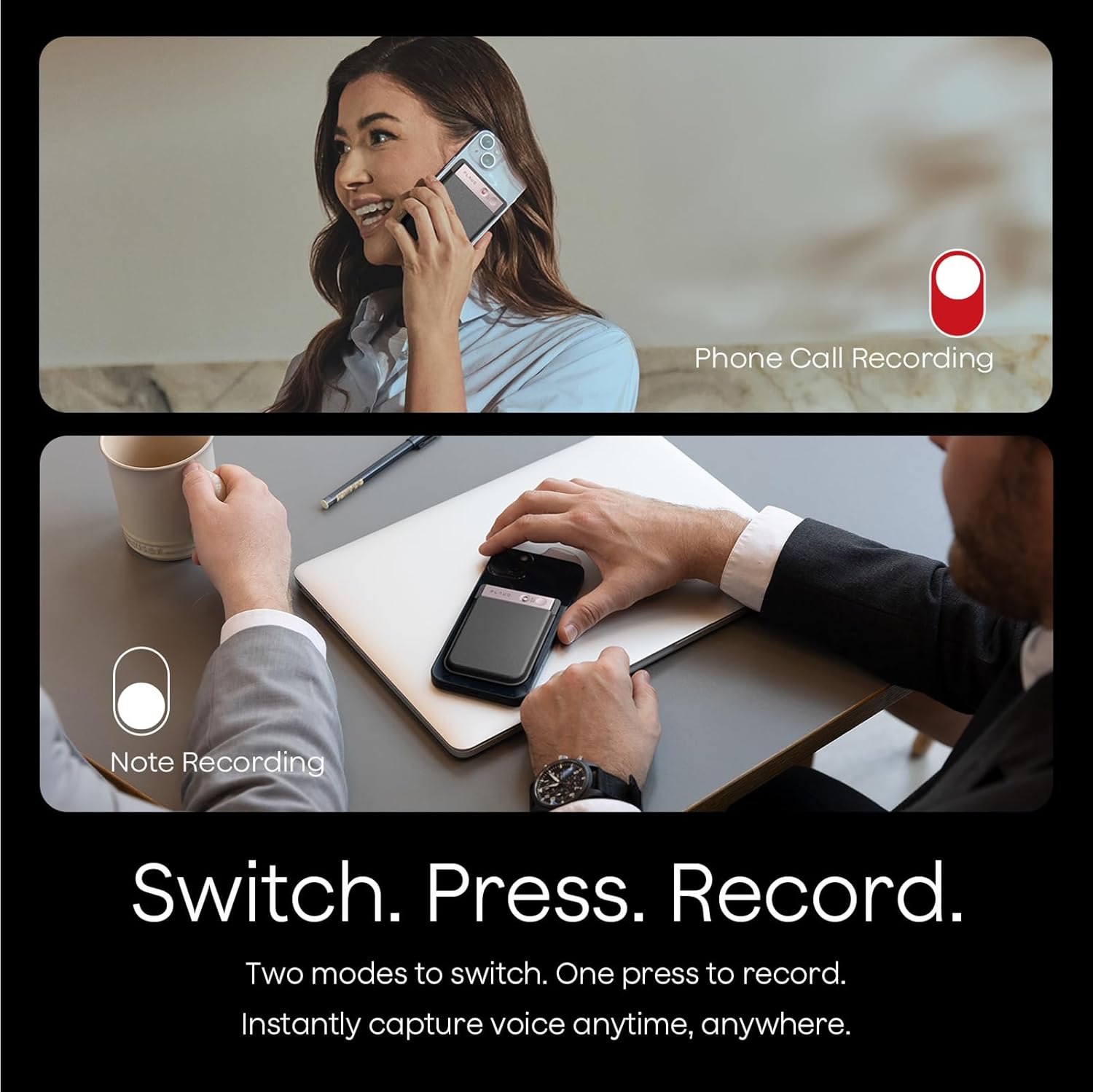 Two scenes showing a phone call and note-taking with text indicating recording capabilities for Plaud Note device