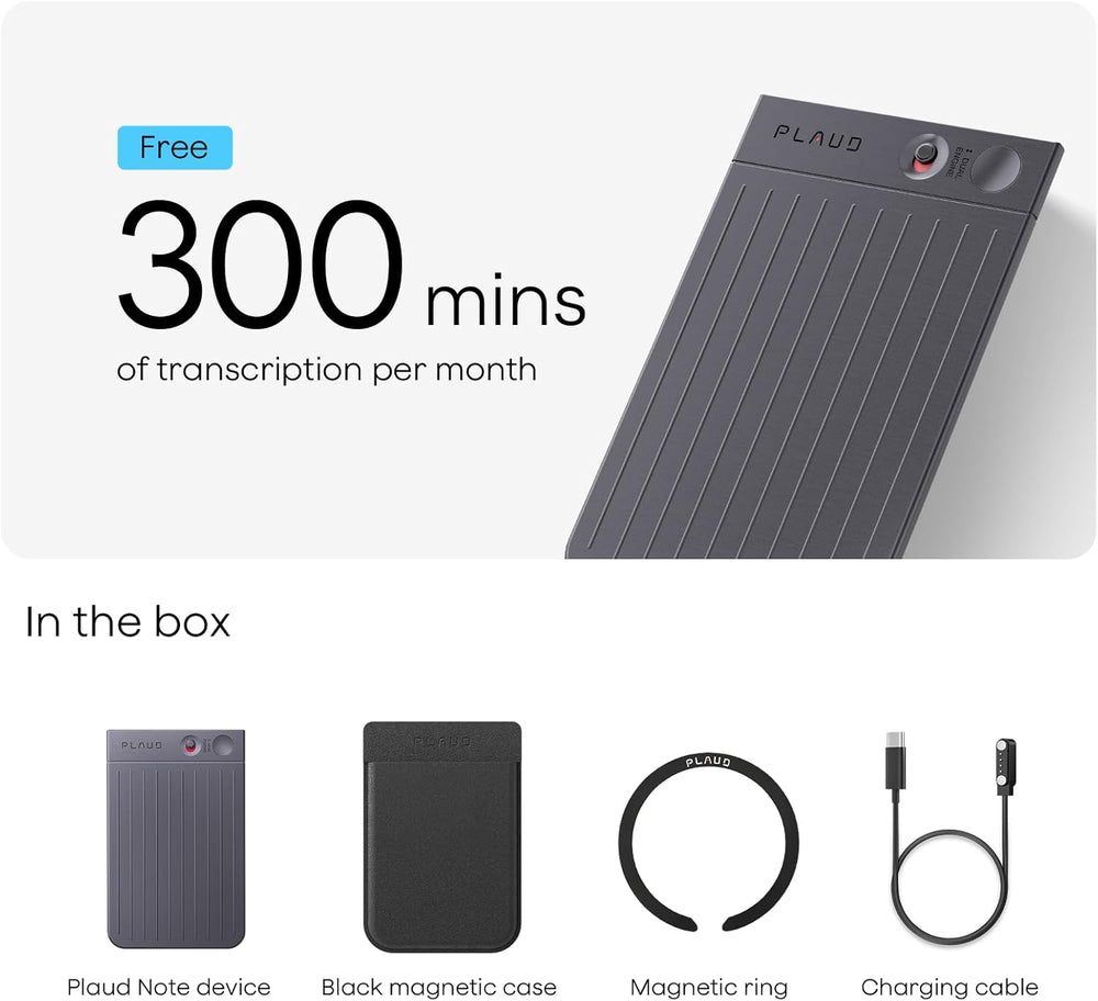 Plaud transcription device with accessories on a white background