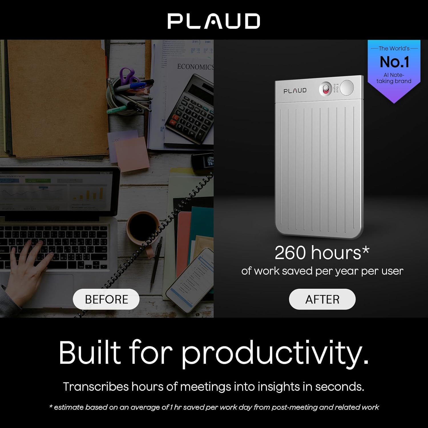 Productivity tool with text about time saved and productivity benefits, featuring the brand 'PLAUD'.