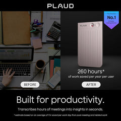 Advertisement for Plaud product showing a before-and-after scenario with productivity gains.