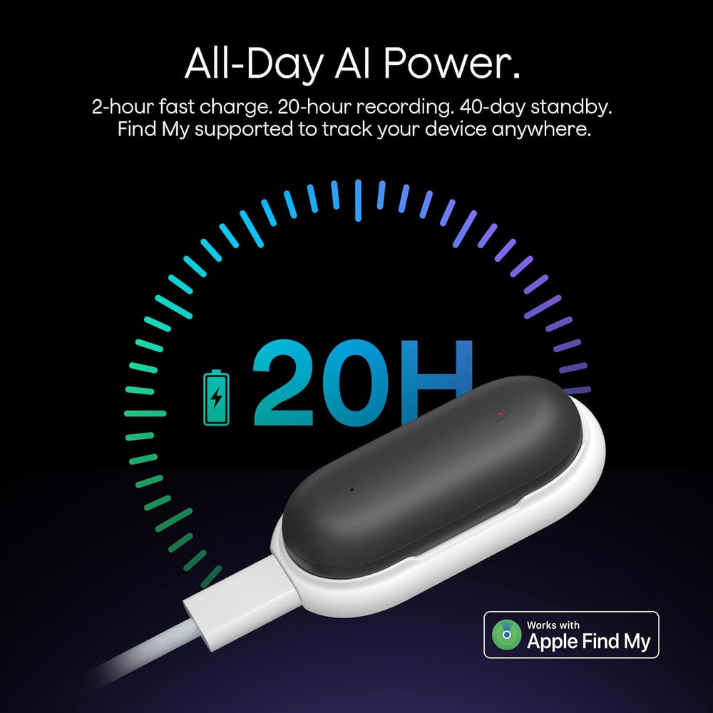 Plaud Notepin with charging cable and text about fast charging and power features 