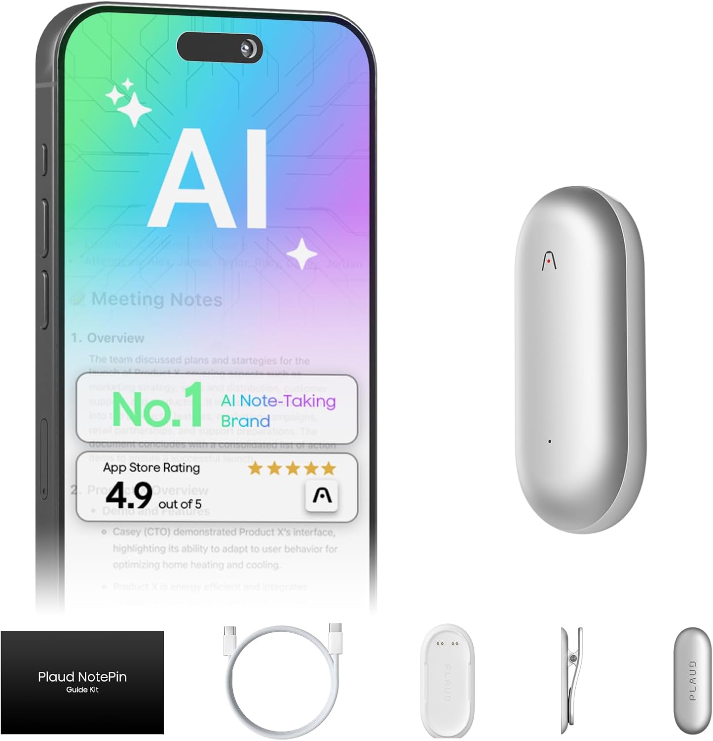 Plaud Notepin device with 'AI' display and accessories on a white background