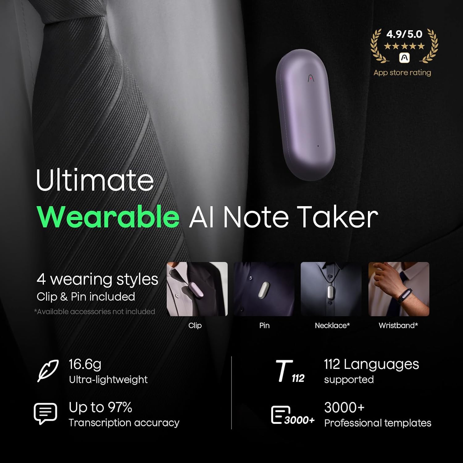 Wearable Plaud AI note taker with features and specifications on a dark background