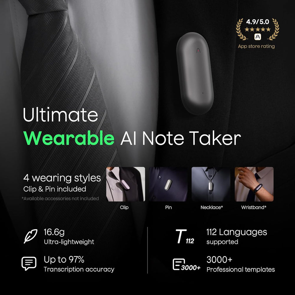 Wearable AI note taker with features and specifications on a dark background