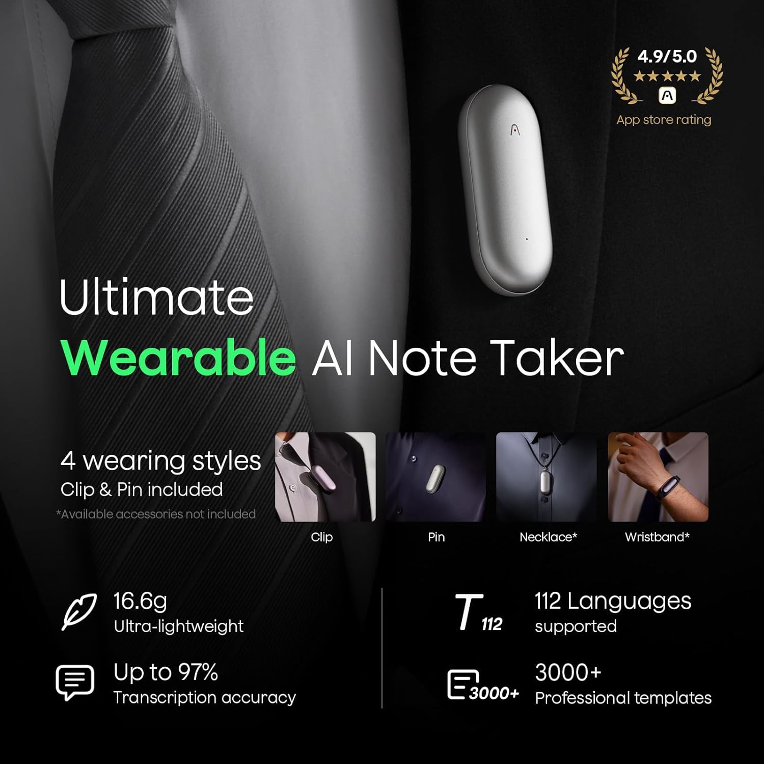 Plaud Notepin Wearable AI note taker with app store rating and features on a dark background