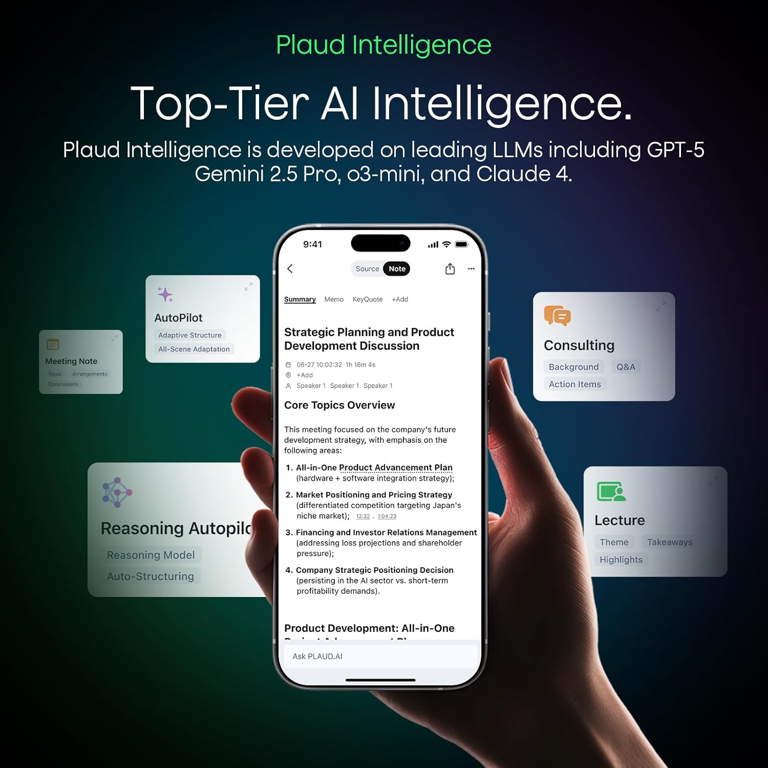 Hand holding a smartphone displaying AI application with Plaud Intelligence branding and text about top-tier AI intelligence.