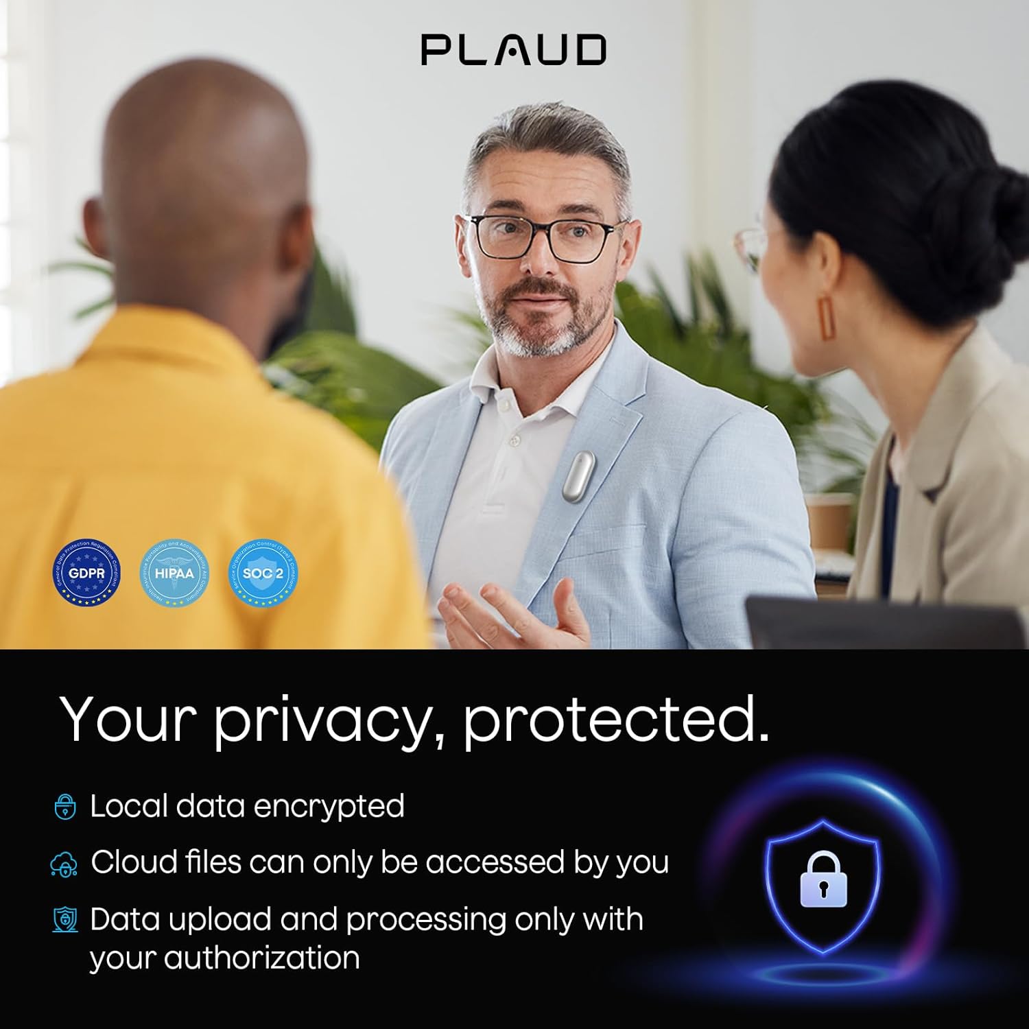 Advertisement for PLAUD with privacy features highlighted.