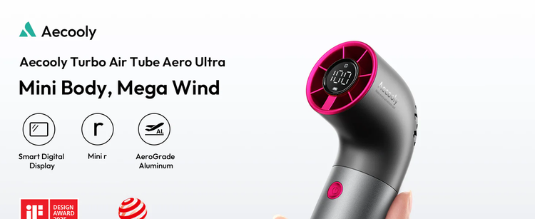 Aecooly Turbo Air Tube Aero Ultra hair dryer with digital display on a white background