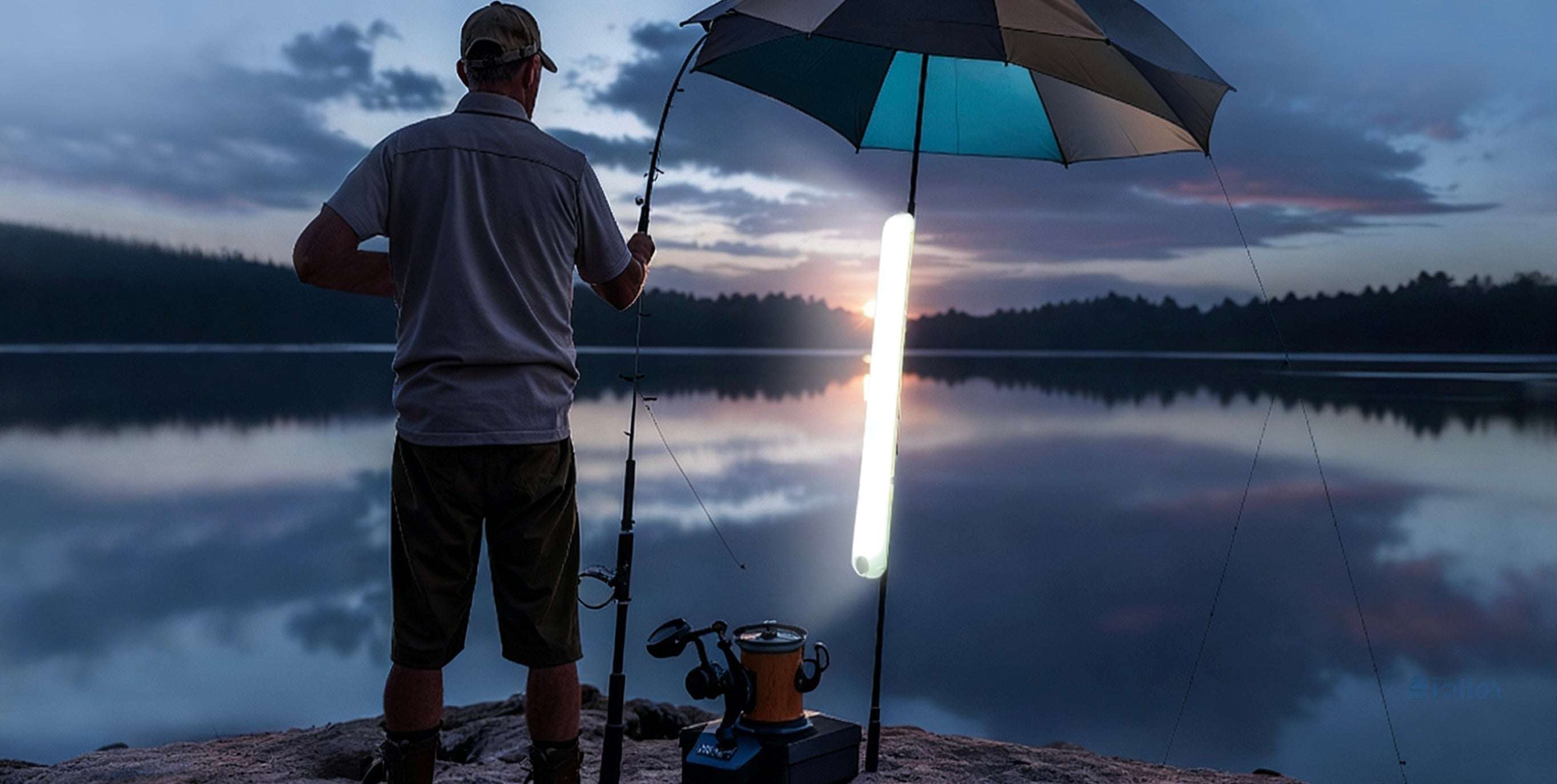 Man fishing at dusk with an attachable light tube on the umbrella 